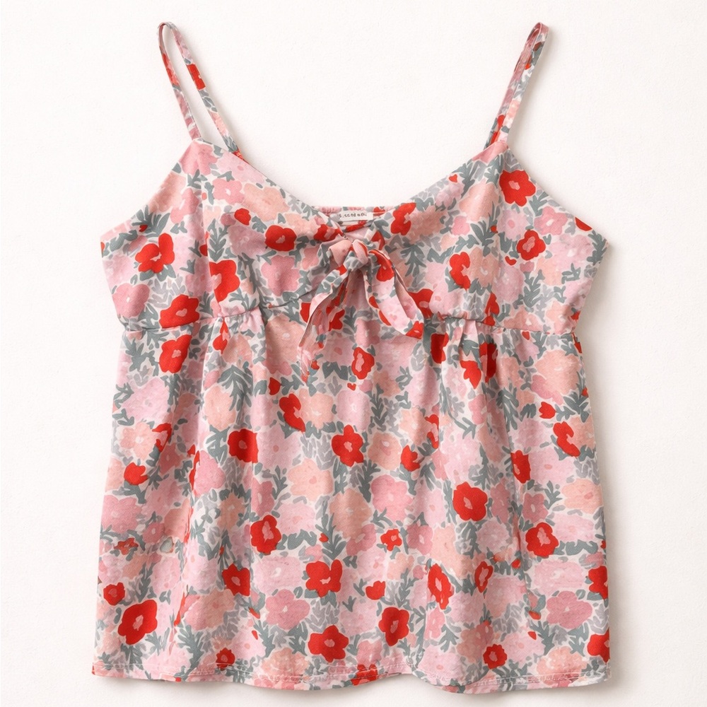 Free Assembly Floral Tie Front Tank Top XL Pink Red Cotton Boho Camisole